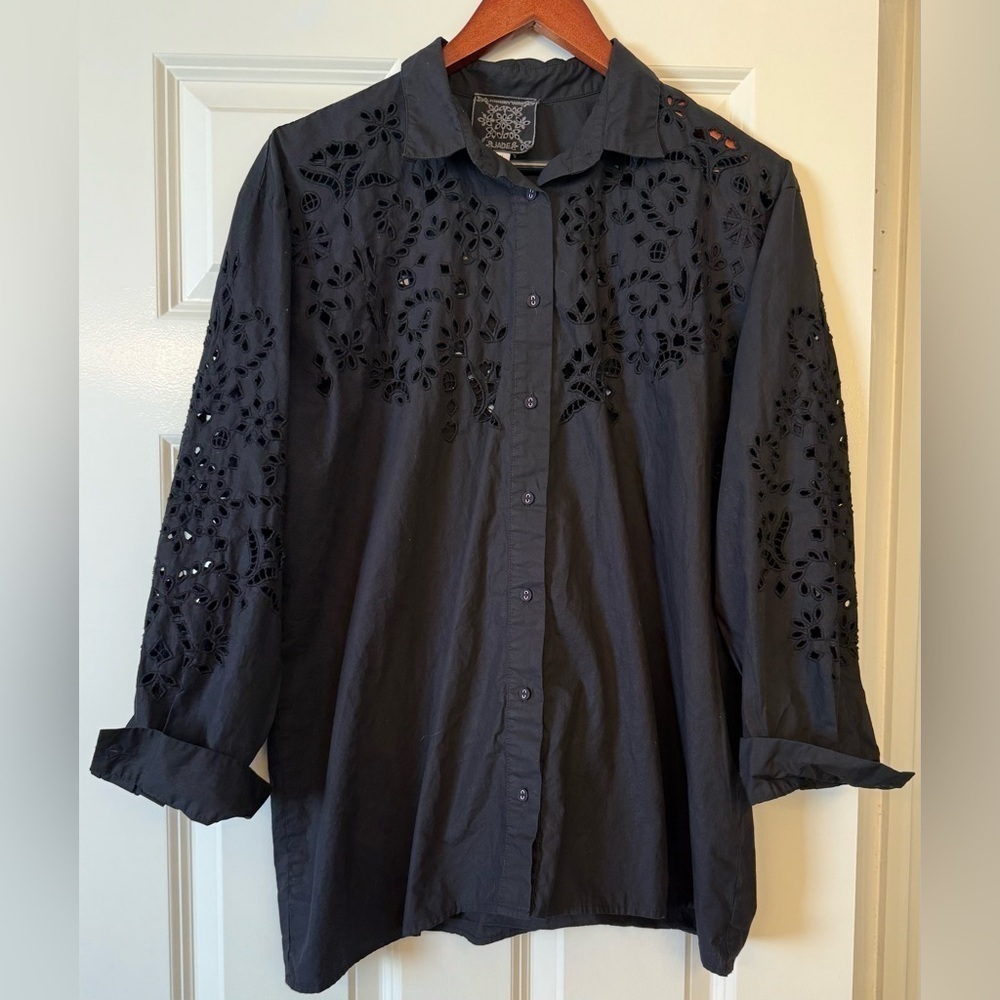 Johnny Was Jade Maricruz Button Down Shirt Black Eyelet Size Medium - Picture 5 of 10